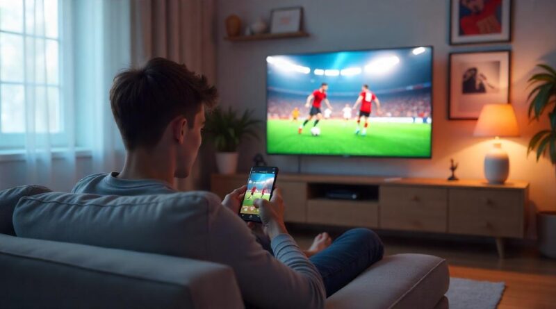 A man watches football on the couch at home and bets at an online casino on his phone.