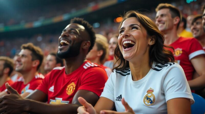 football fans wearing Manchester United and Real Madrid jerseys watching a football match