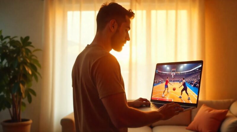 A man plays virtual basketball on his laptop.