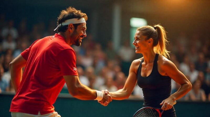 male and female tennis players shaking hands