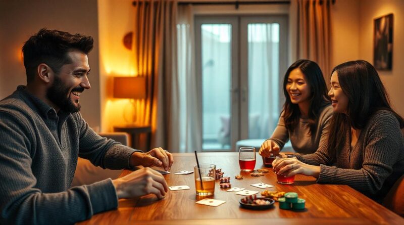 man and women playing poker at home and having fun