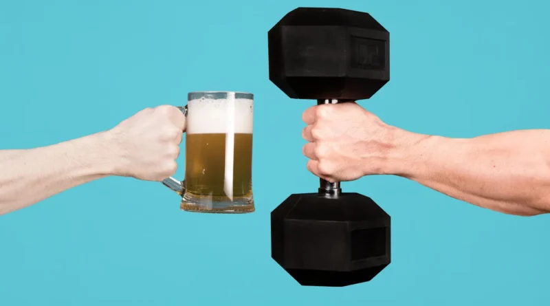 dumbbell for training and beer