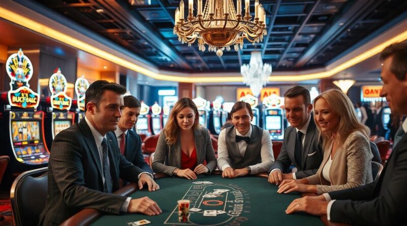 men and women playing blackjack in a casino